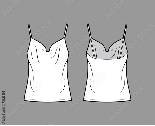 Camisole technical fashion illustration with vintage-inspired cowl neckline, relaxed fit, tunic length. Flat outwear tank apparel template front, back, white color. Women, men unisex shirt top mockup