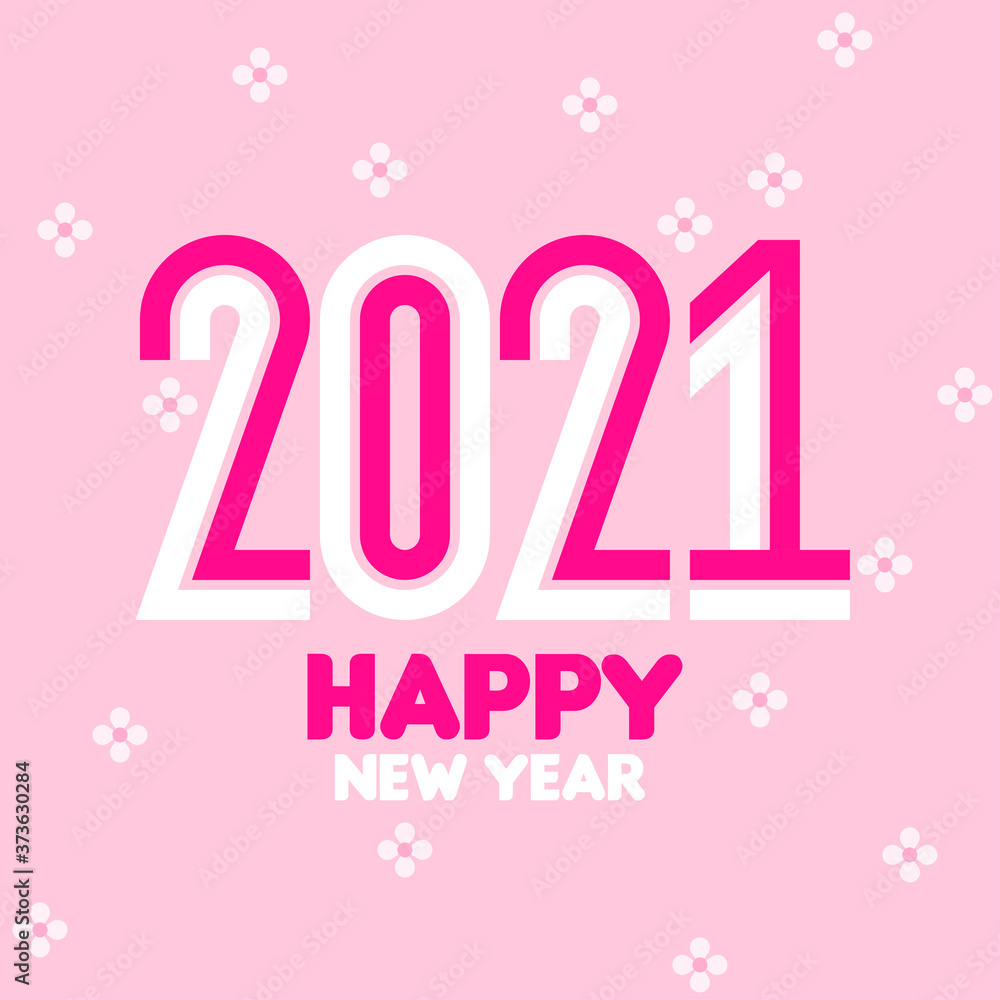 Happy New Year 2021 logo design with elegant condensed numbers on pink floral background. Modern vector illustration for greeting card, holiday calendar, book or brochure cover