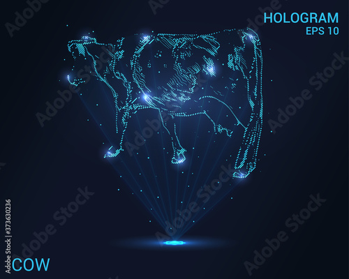 Cow hologram. Holographic projection of a cow. A flickering energy stream of particles. Research design the cow.