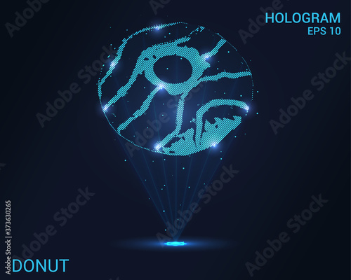 Donut hologram. A holographic projection of a doughnut. A flickering energy stream of particles. Research design the donut.
