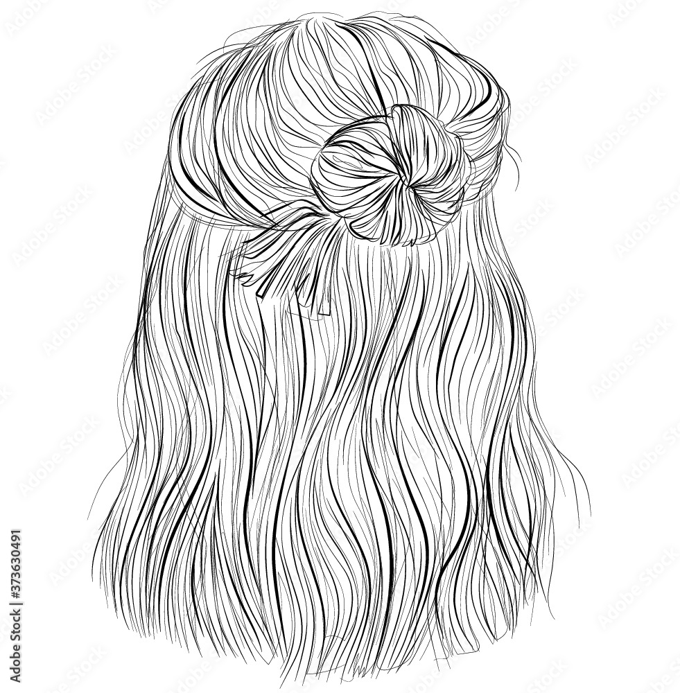 Half-bun, straight hair, female vector illustration. Black and white  outlines Stock Vector | Adobe Stock