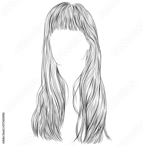 French girl style, long natural hair with bangs, Vector black and white vector illustration