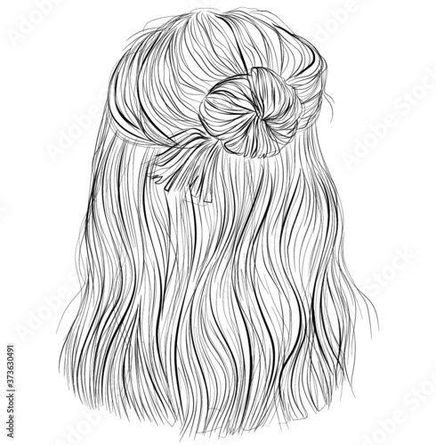 Half-bun, straight hair, female vector illustration. Black and white outlines