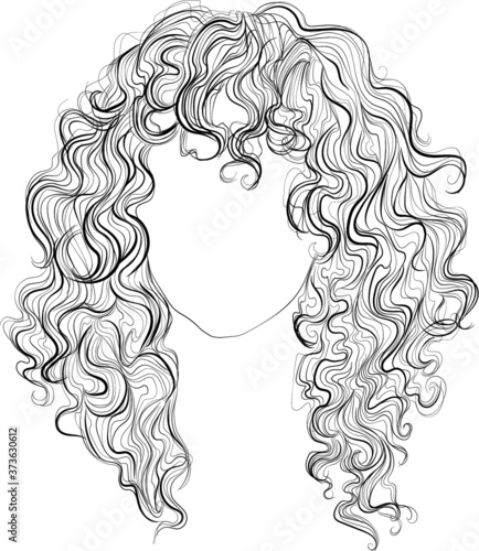 Long curly hair, vector illustration, black and white outline drawing photo