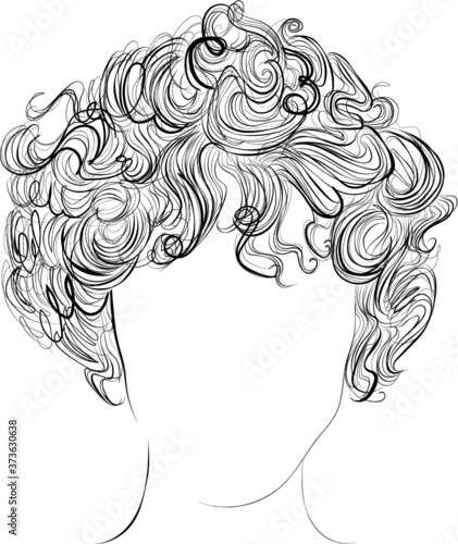 Short, curly hair, vector illustration, black and white outline drawing