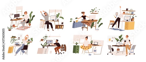 Set of different people practicing workout at workplace vector flat illustration. Collection of various employees doing warm up at office isolated. Man and woman stretch enjoying break