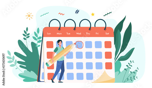Employee marking deadline day. Man with pencil appointing date of event and making note in calendar. Vector illustration for schedule, agenda, time management concept