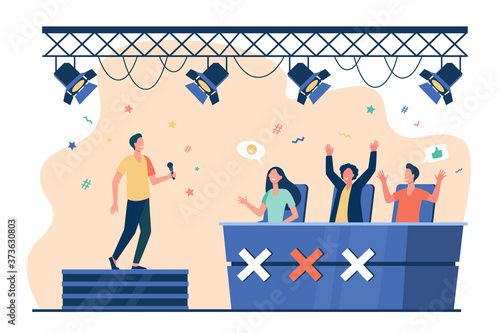 Vocal competition event. Performer singing on stage before jury celebrities. Vector illustration for TV talent show, television, contest concepts