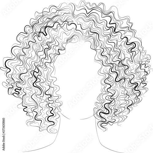 Long curly hair, vector illustration, black and white outline drawing