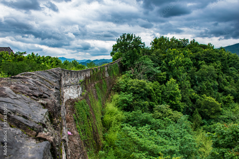 Sheer drop off the ancient wall of the city of Linhai, China