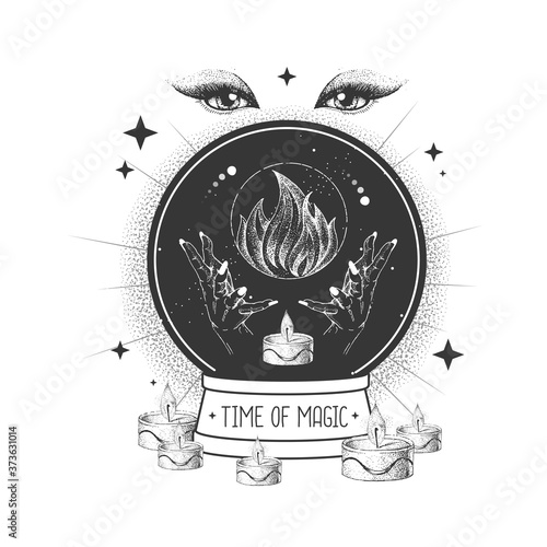 Witchcraft magic globe silhouette with fire element. Vector illustration