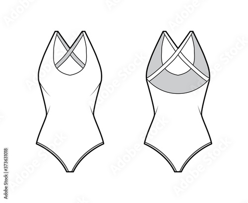 Stretch bodysuit technical fashion illustration with deep U-neckline, slim crisscross straps at scooped back. Flat outwear one-piece apparel template front, back white color. Women men unisex swimsuit
