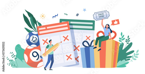 Prize draw concept. People winning lottery  getting gift box  drawing crosses on tickets  celebrating win. Vector illustration for lucky people  lottery winners  random draw topics