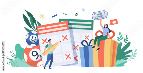 Prize draw concept. People winning lottery, getting gift box, drawing crosses on tickets, celebrating win. Vector illustration for lucky people, lottery winners, random draw topics
