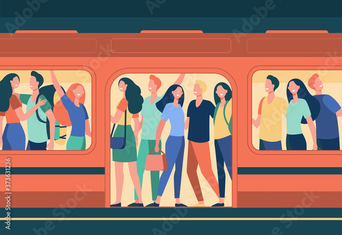 Crowd of happy people travelling by subway train. Passengers standing in overcrowded subway car at station. Cartoon illustration for overpopulation, rush hour, public transport, commuters concept