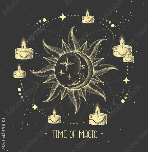 Modern magic witchcraft card with astrology sun and moon sign with human face. Day and nignt. Realistic hand drawing illustration of sun and moon with human face