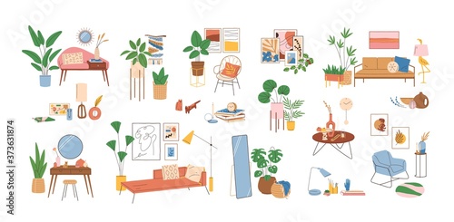 Set of modern interior decor elements vector illustration. Collection of various home furnishing accessories isolated on white. Colorful stylish and comfy furniture with houseplants and wall pictures