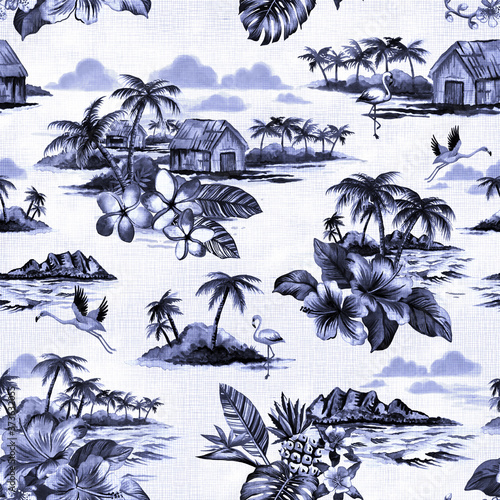 Vintage Hawaiian Island scene repeating pattern in shades of indigo blue.  photo