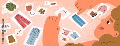 Female fashion stylist choose pictures with clothing or collect sets of clothes vector flat illustration. Woman making combination of basic apparel. Capsule wardrobe concept. Modern feminine outfit