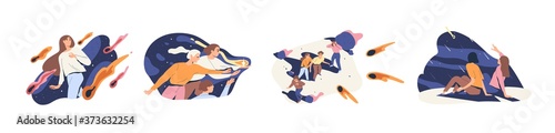 Set of people with meteor rain or shooting star vector flat illustration. Collection of man and woman with night meteorite sky isolated on white. Concept of follow dream or difficulties overcoming