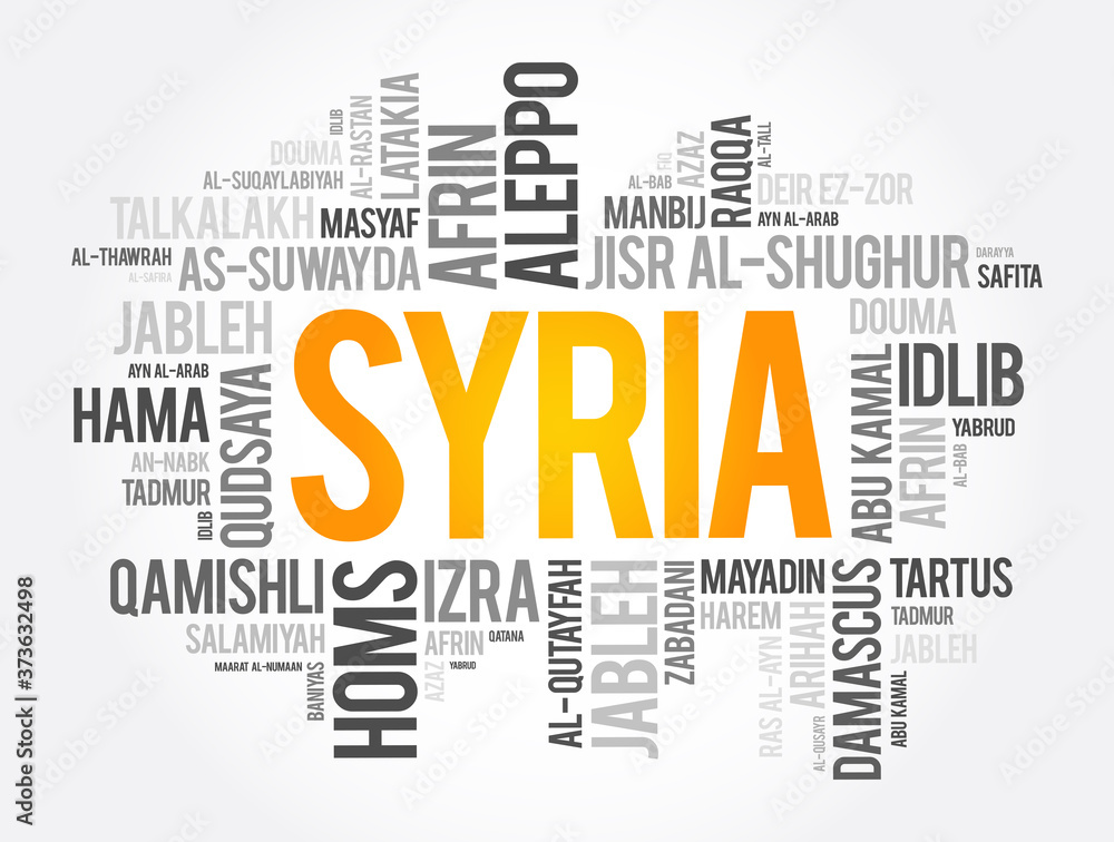 List of cities and towns in Syria, word cloud collage, business and travel concept background