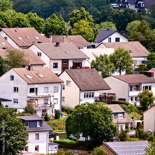 Aerial view of the row houses on the edge of a small town in Germany © Frank