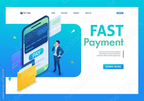 Young man makes an online payment through a mobile application. 3D isometric. Landing page concepts and web design