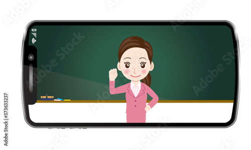オンライン授業のイメージイラスト｜スマートフォンに映る黒板授業風景ガッツポーズ女性教師のイラスト塾講師受験