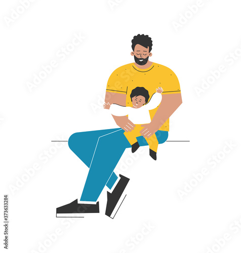 Vector isolated flat illustration. Cartoon latin man sits, holding happy baby on his lap. Dad and his cute child are smiling. Young adult parent love to play, spend time with infant. Father's day