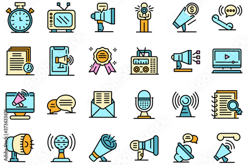 Announcer icons set. Outline set of announcer vector icons thin line color flat on white