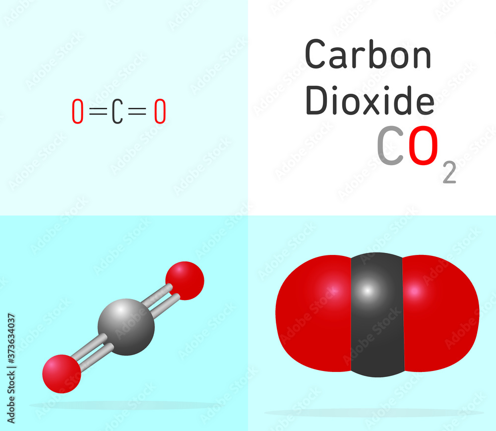 Carbon Dioxide (CO2) gas molecule. Two different molecule model and chemical formula. Ball