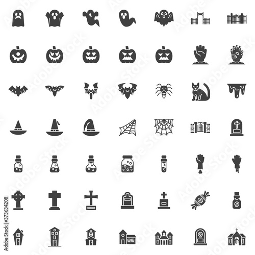 Happy Halloween vector icons set, modern solid symbol collection, filled style pictogram pack. Signs, logo illustration. Set includes icons as scary ghost, pumpkin, flying bat, spider, haunted house