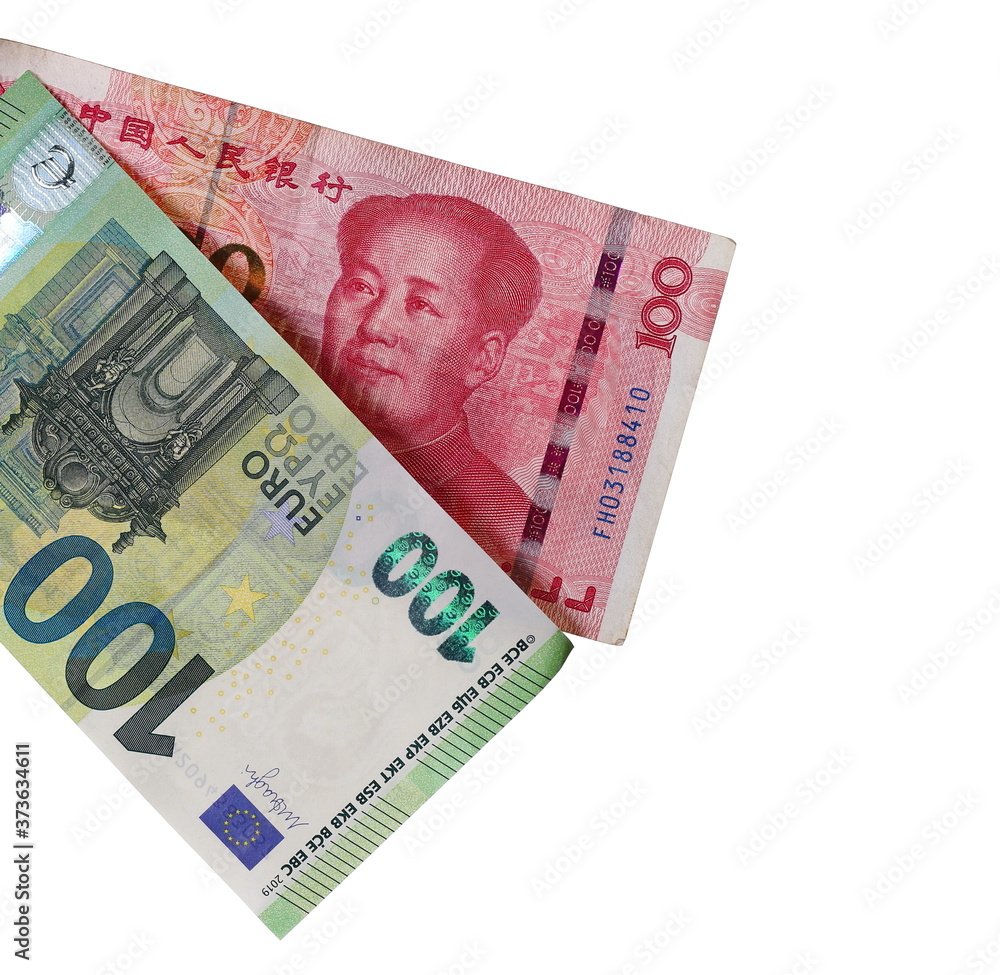 Chinese hundred yuan, renminbi and European euro money bill, banknote, cash isolated on white background Chinese hundred yuan, renminbi and European euro money bill, banknote, cash isolated on white background