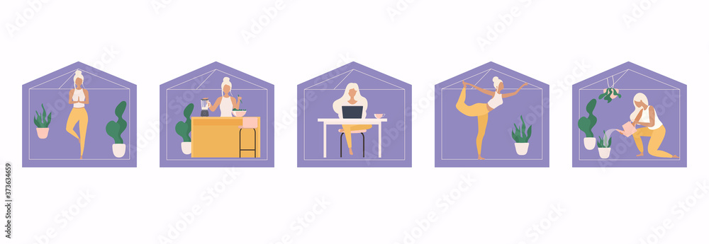 Stay home concept. Girl takes care for houseplants, cooking, work, doing yoga. Self isolation, quarantine due to coronavirus.