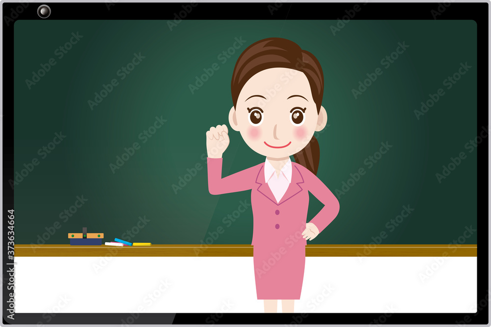 オンライン授業のイメージイラスト タブレットに映るガッツポーズ女性教師のイラストビジネスマン塾講師受験 Stock Vektorgrafik Adobe Stock