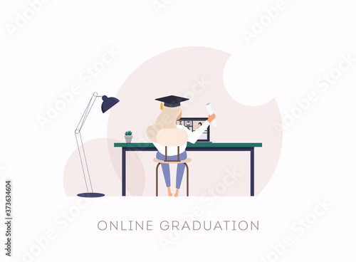 Female student attending a Graduation 2020 ceremony via video call.