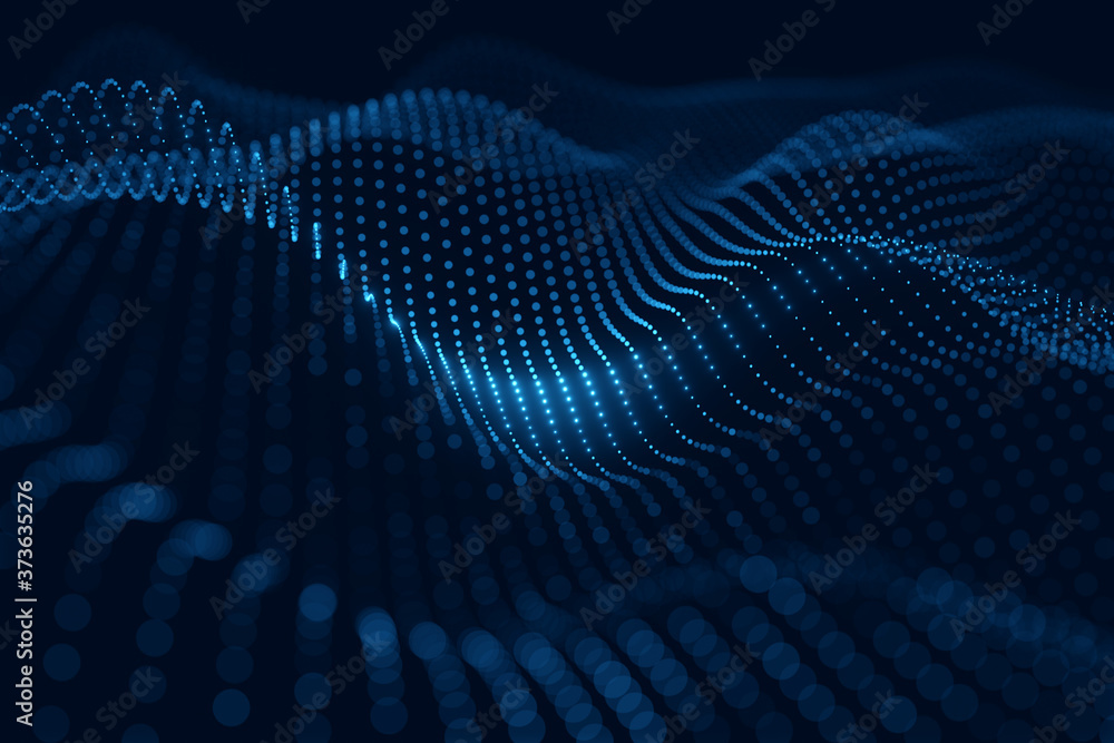 Moving neon blue dots pattern forming a digital network connection on dark background Moving neon blue dots pattern forming a digital network connection on dark background
