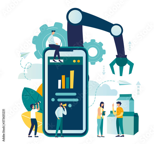 Vector illustration, a production line with workers, automation and user interface concept: user connecting with a tablet and sharing data with a cyber-physical system, monitoring applications on a sm