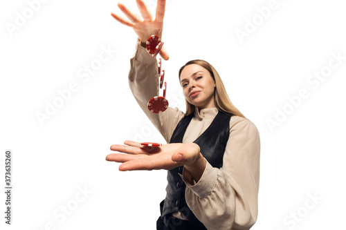 Poker girl. Young woman, croupier gesturing isolated on white background. Highly tensioned, wide angle, fish eye view. Concept of human emotions, facial expression, sales, ad, sport, gambling.