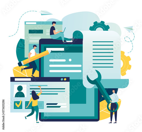 Vector colorful illustration, little people are engaged in the development of mobile applications, the process of building an interface, the software API