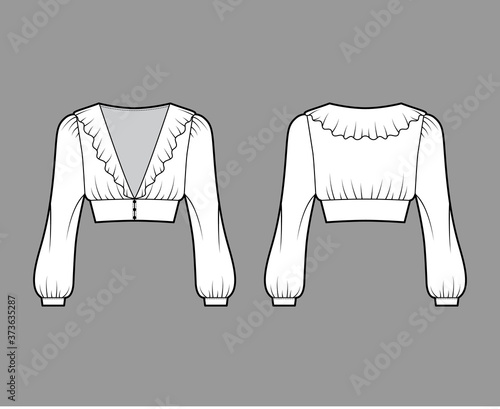 Ruffled cropped blouse technical fashion illustration with long bishop sleeves, puffed shoulders, front button fastenings. Flat apparel top template front, back white color. Women men unisex shirt CAD