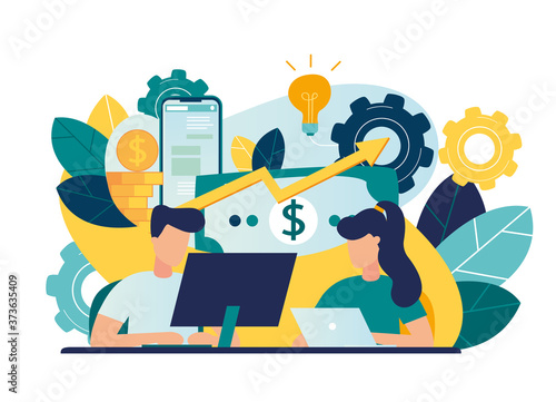 Vector creative illustration of business graphics, the company is engaged in teamwork, raising a career to success, the abstract person's head, filled with ideas of thought and analytics, genius ideas
