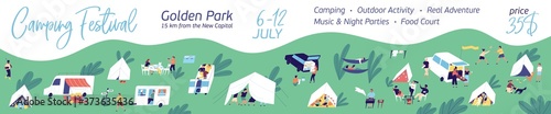 Horizontal banner of camping festival vector flat illustration. Advertising template in tent city with place for text isolated. Outdoor activity and real adventure for man, woman, family and couple