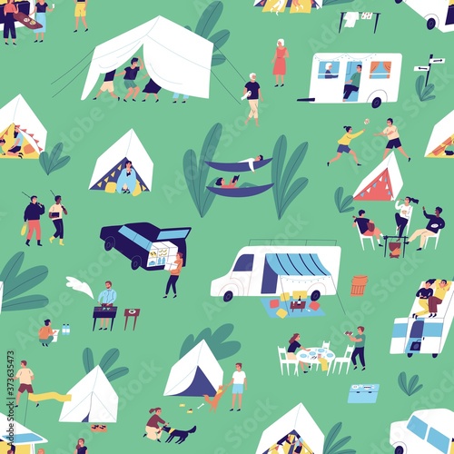 Tiny people enjoying outdoor activity at summer camping seamless pattern. Man, woman, kid, couple and family spending time together in nature outdoors vector flat illustration. Relax at tent city