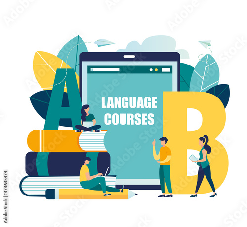 Vector flat illustration, online learning foreign languages, girl and boy for gadgets learn languages, online study through the website, communication with foreigners via the Internet