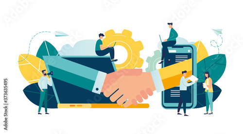  Business concept vector illustration, partnership concept, agreement of parties, hand shake, signing documents 