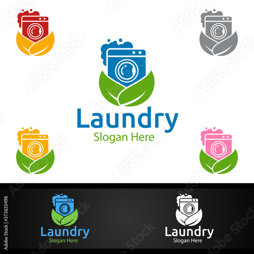 Eco Laundry Dry Cleaners Logo with Clothes, Water and Washing Concept