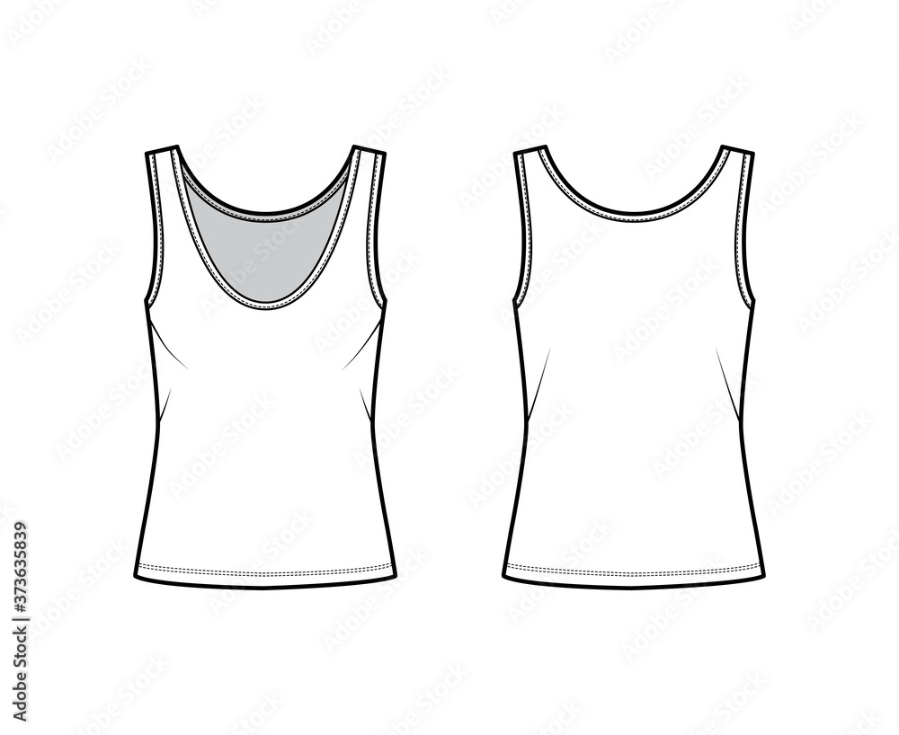 Cotton-jersey tank technical fashion illustration with oversized body, deep scoop neck, elongated hem. Flat outwear apparel template front, back, white color. Women, men unisex shirt top CAD mockup Cotton-jersey tank technical fashion illustration with oversized body, deep scoop neck, elongated hem. Flat outwear apparel template front, back, white color. Women, men unisex shirt top CAD mockup