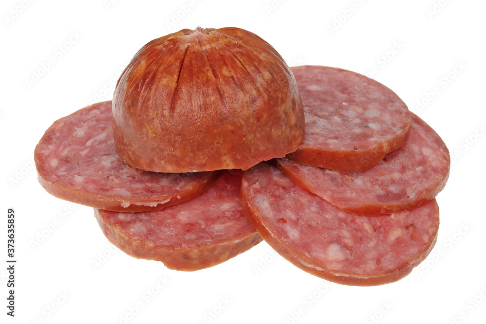 Food of the future concept - small slices of smoked sausage salami  isolated