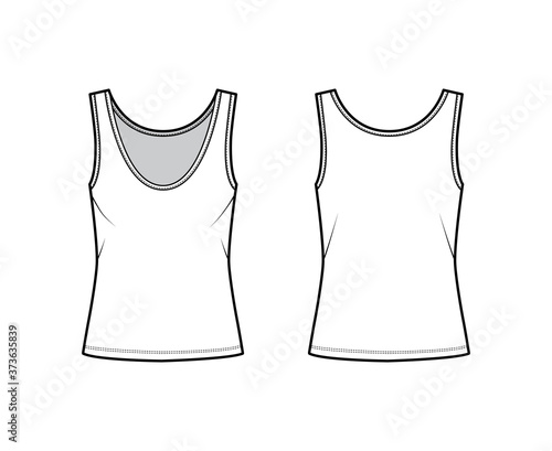 Cotton-jersey tank technical fashion illustration with oversized body, deep scoop neck, elongated hem. Flat outwear apparel template front, back, white color. Women, men unisex shirt top CAD mockup 